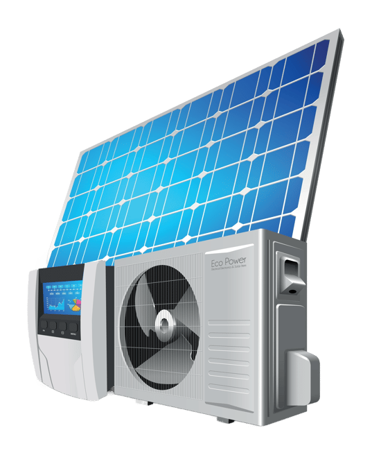 Wärmepumpe, Wechselrichter und Solarpaneel als Konzept eines grünen Energiesystems